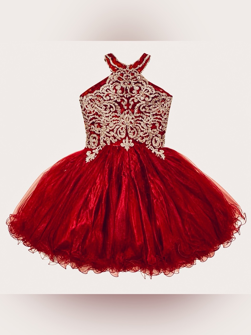 Let’s Size M Burgundy Gold Embroidered Tulle Satin Homecoming Dama Dress Formal
